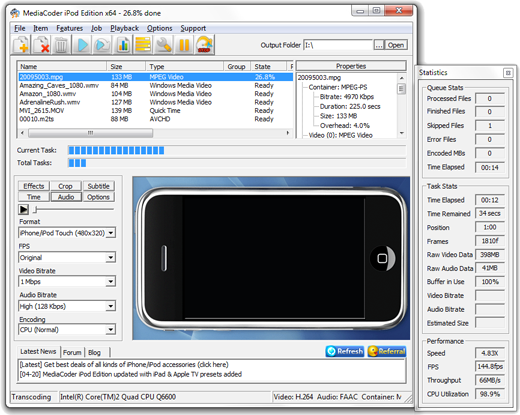 Screenshot of MediaCoder iPod/iPhone/iPad Edition
